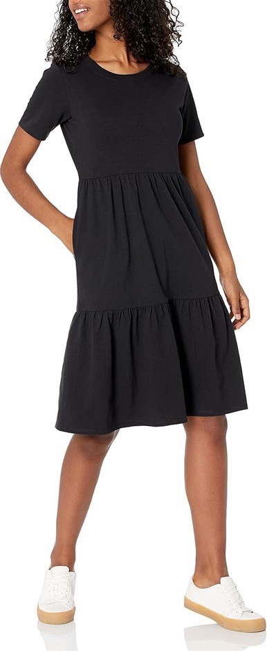AMAZON ESSENTIALS Women's S/S Tiered Dress, Size L, 100% Cotton, Black. Bu