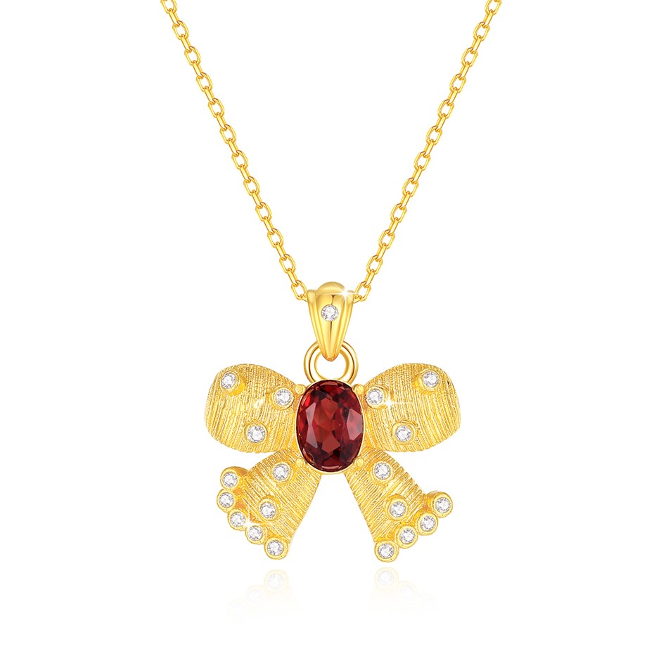 Solid 18K Yellow Gold ,Natural Garnet pendant & Free Necklace