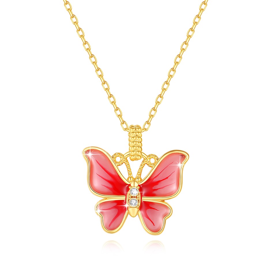Solid 18K Yellow Gold Moissanite Enameled Butterfly pendant  & Free