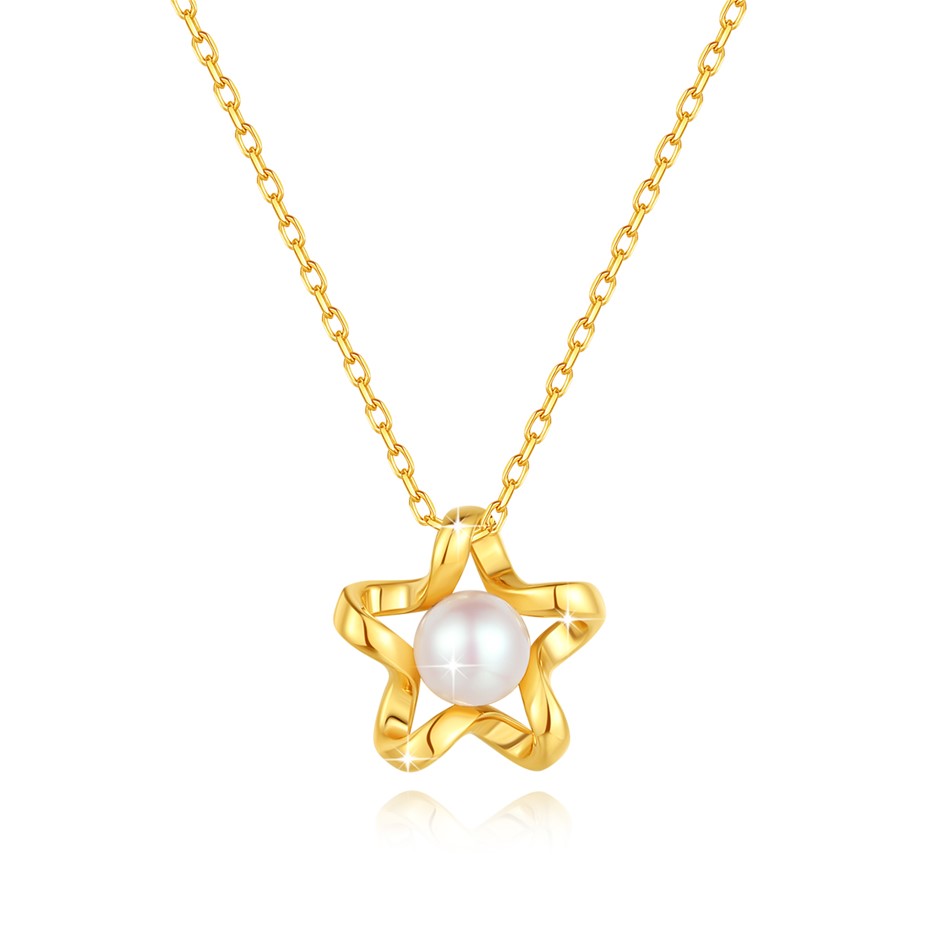 Solid 18K Yellow Gold Lucky Star + Natural Pearls pendant & Free Necklace