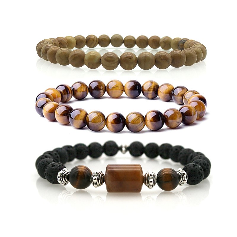 Poxtex 5-Piece Men's Natural Stone Bracelet Set - 8mm Tiger Eye, Lava Rock, Black Agate & More - View #6