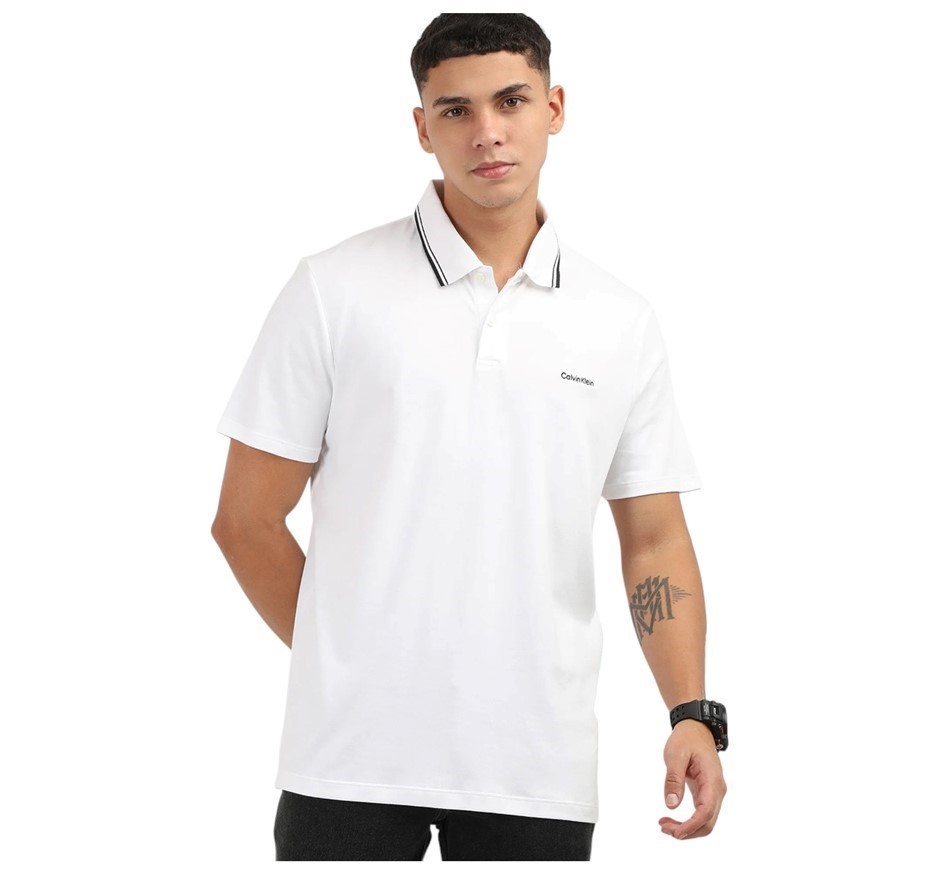 CALVIN KLEIN Men's Tipped Liquid Touch Polo, Size XL, 100% Cotton, White/Bl