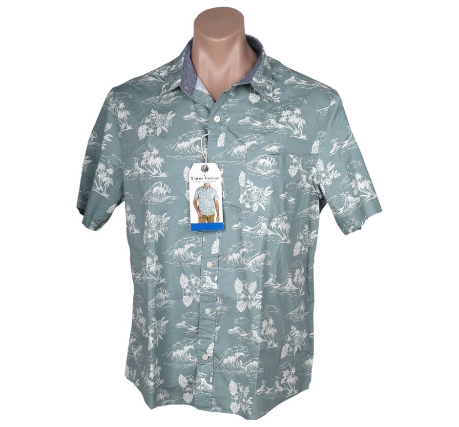TAILOR VINTAGE Men's Shirt, Size L, 98% Cotton, Chinois Green Tropical Wave