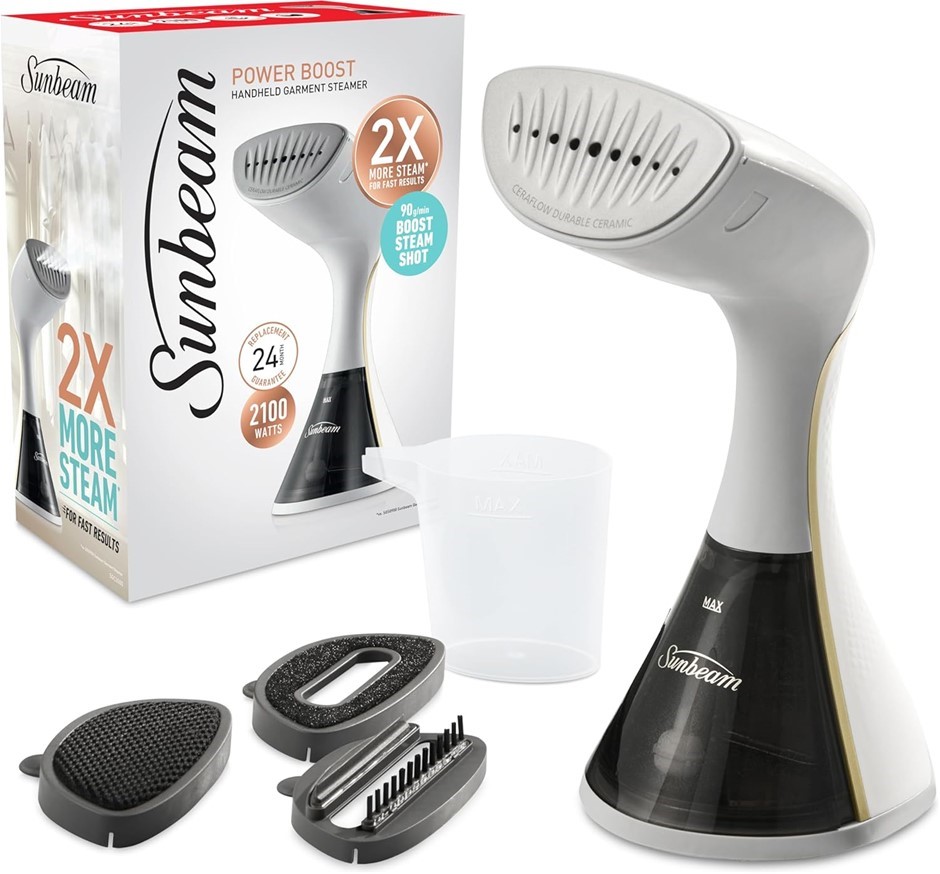 SUNBEAM Power Boost Handheld Garment Steamer, 2100W, 90g/Min, White & Gold,
