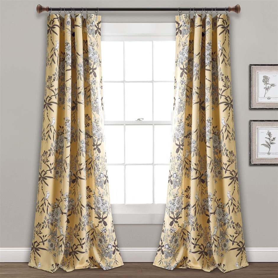 2 x LUSH DECOR Yellow Botanical Garden Curtains Floral Bird Print Room Dark