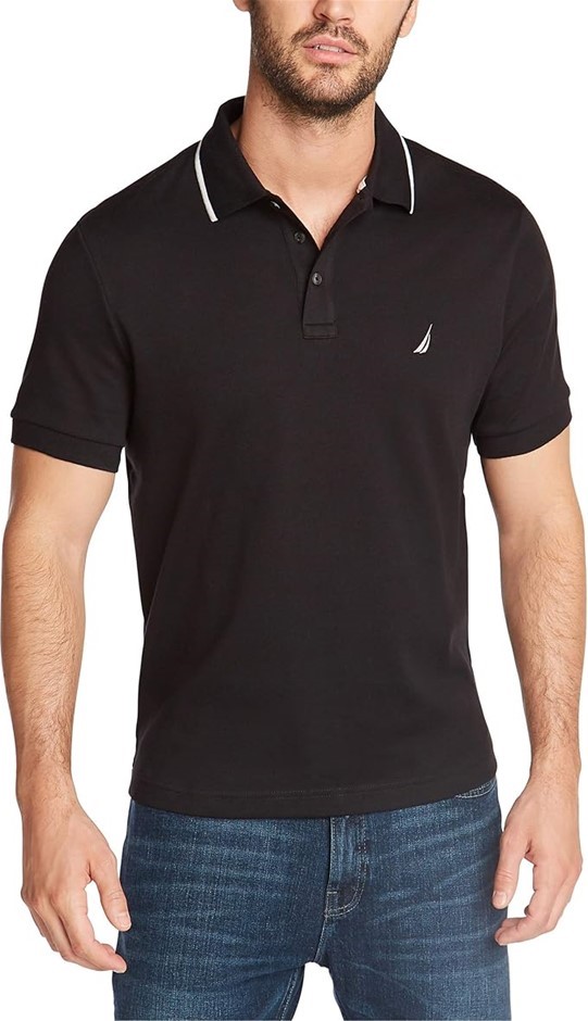 NAUTICA Men's Tipped Polo, Size M, True Black, K72860. Buyers Note - Disco