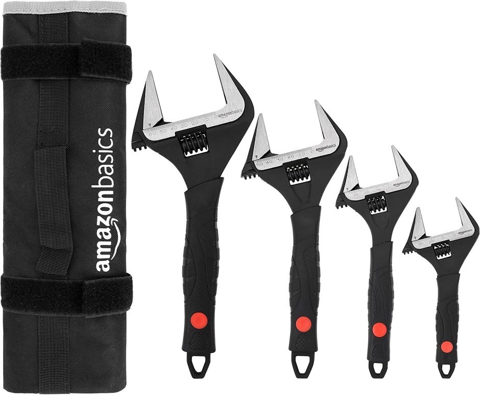 AMAZON BASICS 4-Piece Plumbing Adjustable Wrench with Soft Grip, Wide Mouth