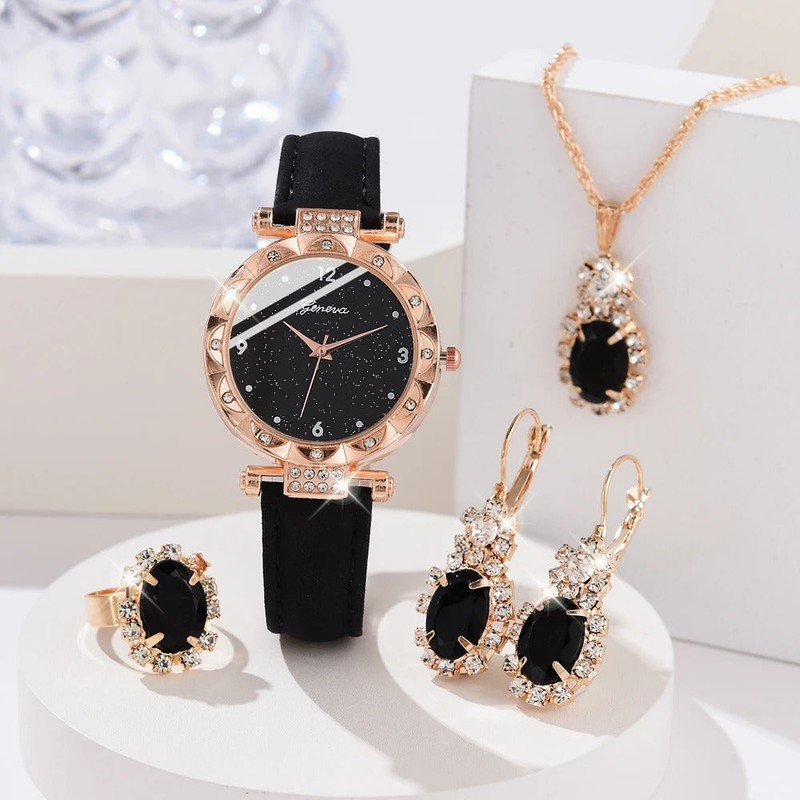 Luxury Womenâ€™s Rhinestone Quartz Watch Set (5-Piece)