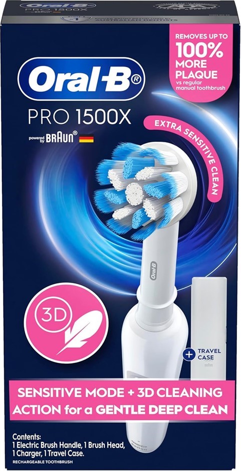 ORAL-B Pro 1500X Electric Toothbrush with Travel Case and Charger, White.