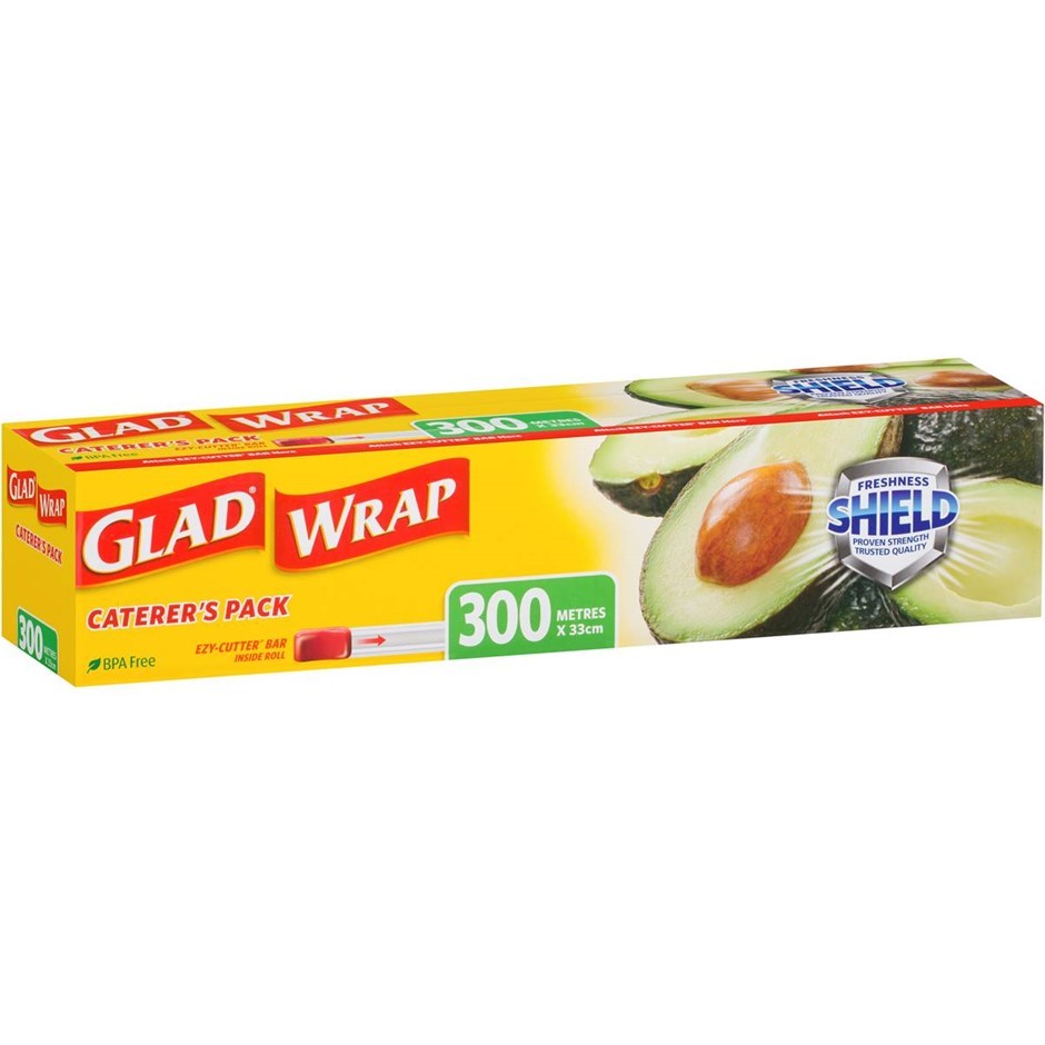 2 x GLAD Wrap 300m x 33cm. NB. Damaged packaging & ezy-cutters missing.