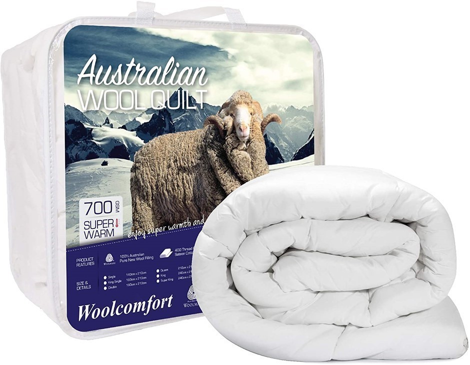 WOOLCOMFORT Australian Made Merino Wool Quilt, 700GSM. Size: Double Bed. Co