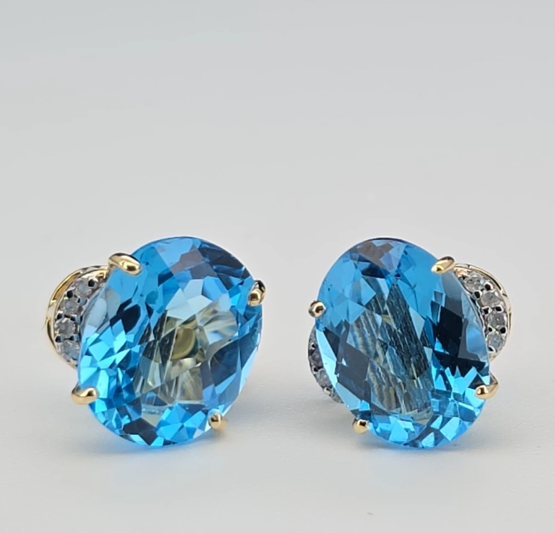 Yellow Gold Natural Swiss Blue Topaz & Diamond Earrings with Valuation