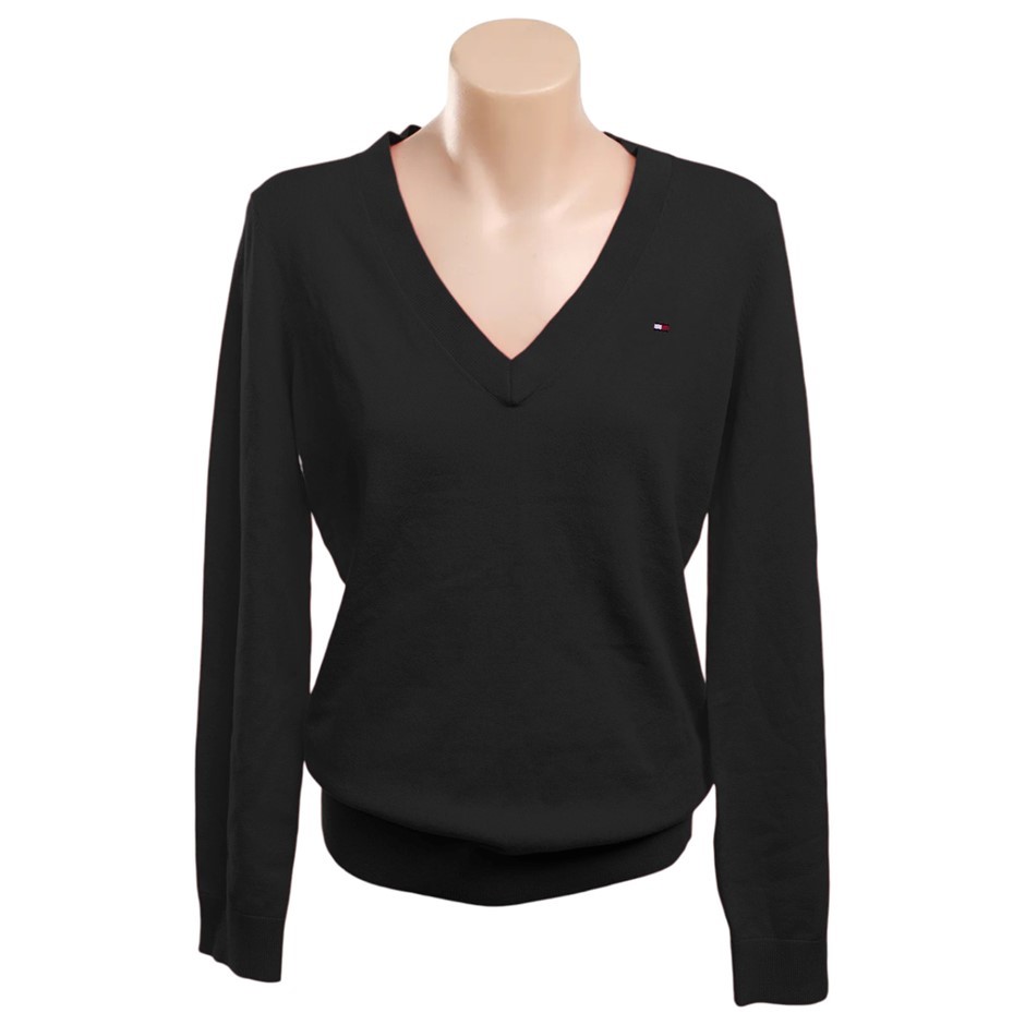 TOMMY HILFIGER Women's LIC Ivy V-Neck Sweater, Size S, 65% Cotton, Deep Bla