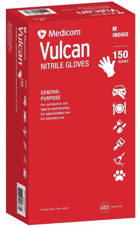 3 x MEDICOM 150pk Vulcan Nitrile Gloves, Medium. NB: Damaged packaging, app