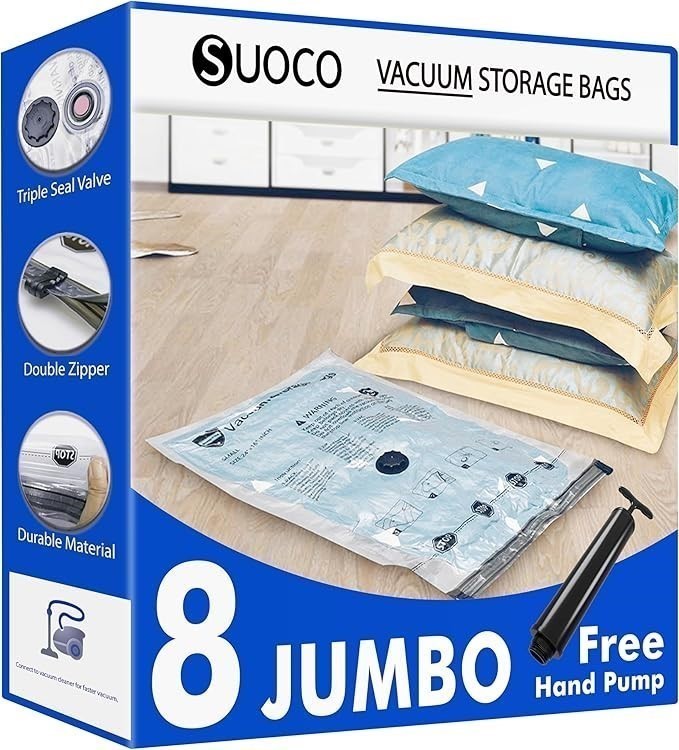Vacuum Storage Bags 8 Jumbo, Space Saver Bags with Travel Hand Pump, Compre