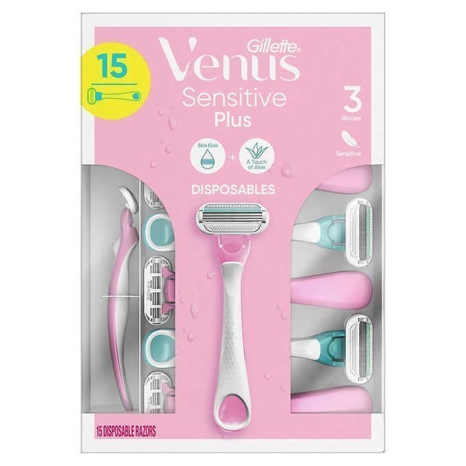 GILLETTE 15pk Venus Sensitive Plus Razors, 3 Blades, (Pink & Aqua). N.B. Da