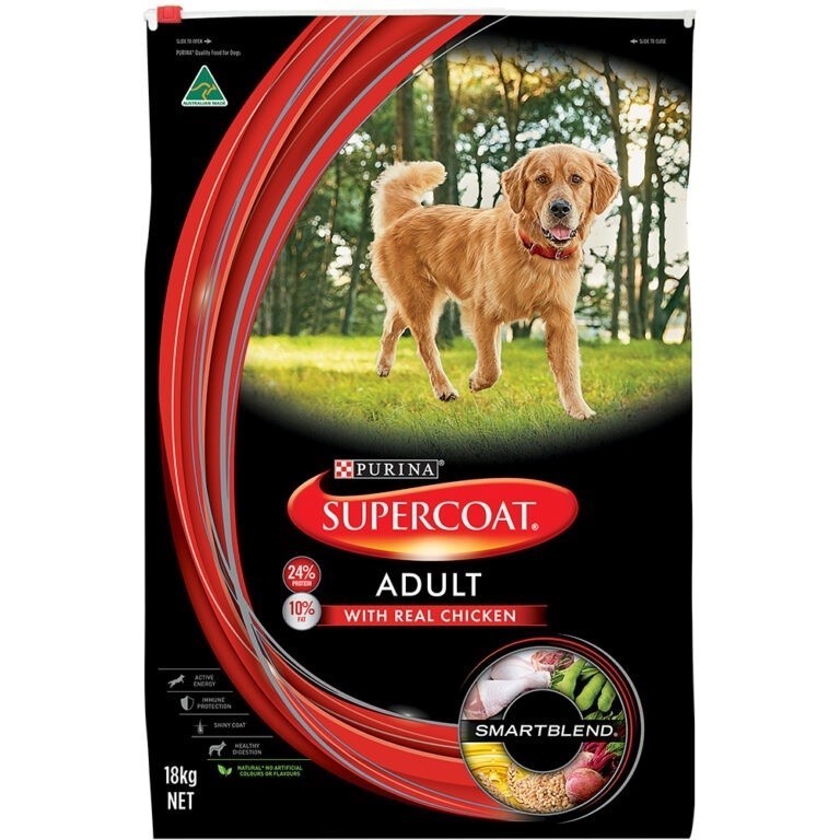 PURINA Supercoat Adult w/ Chicken, Dog Food, 18kg. NB: Damaged packaging.