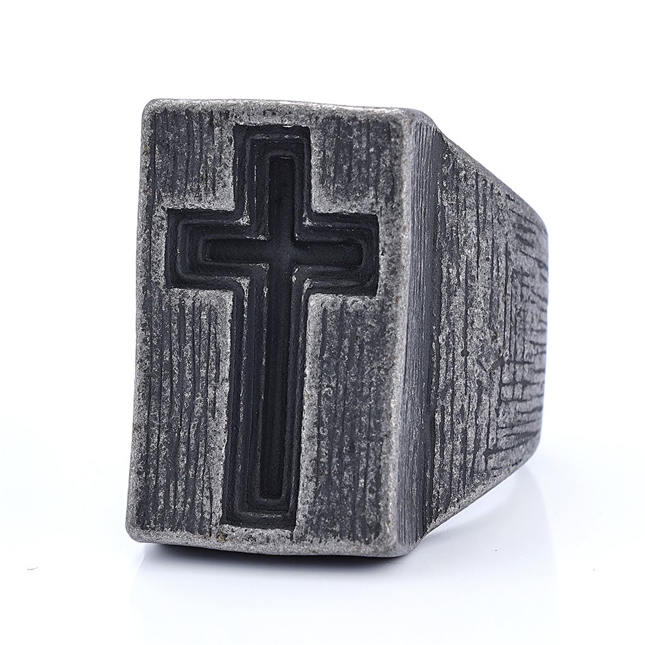 Retro Gray Heavy Cross Religious RingRetro Gray Heavy Cross Religious Ring