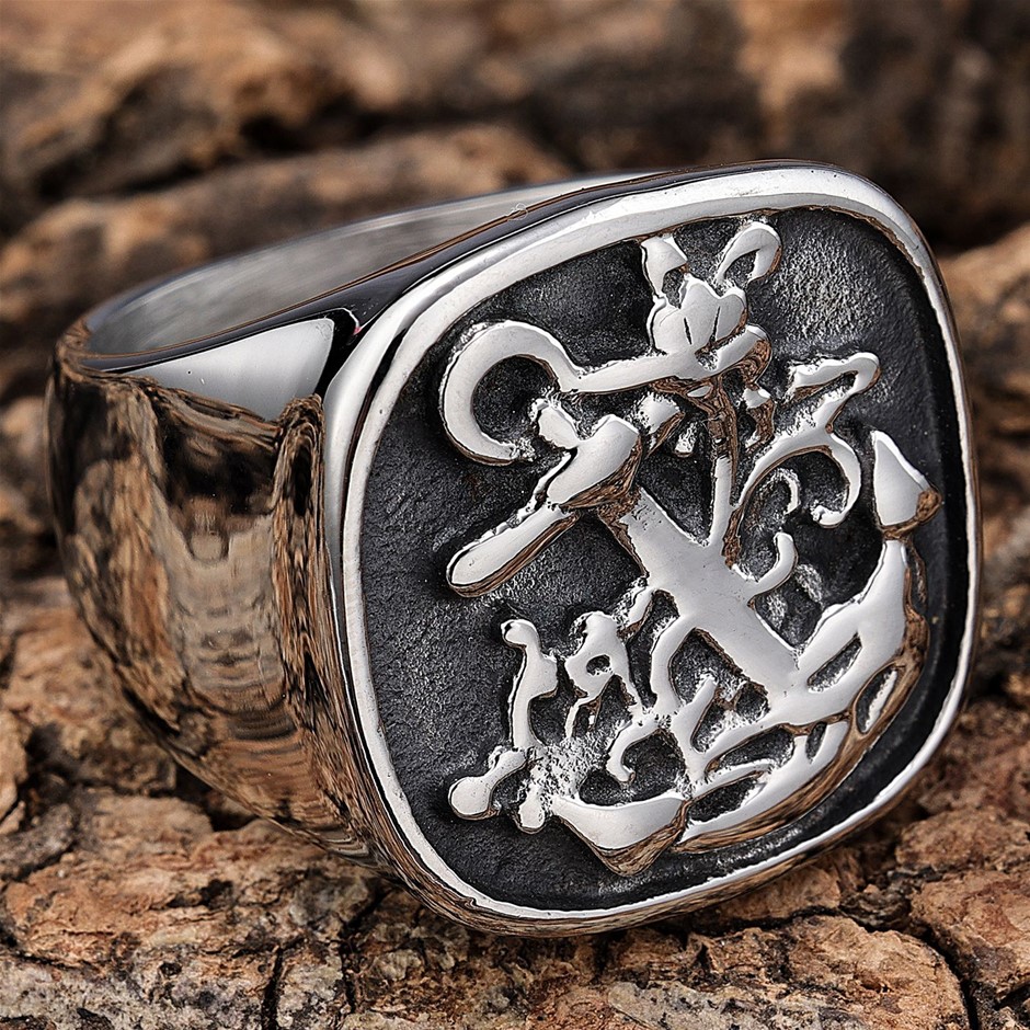 Black Silver Nautical Ship Anchor with flower Ring - Size 9