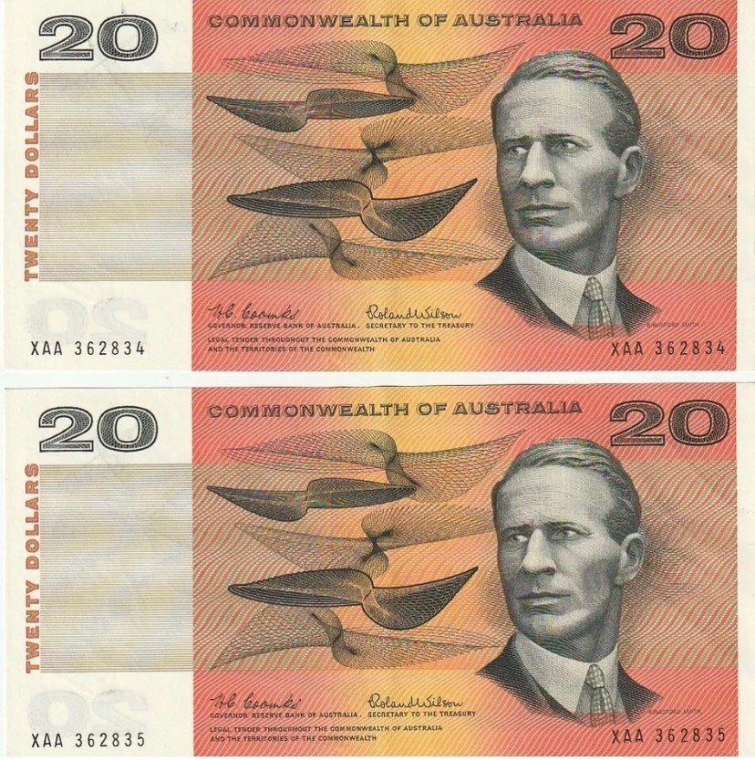 Consecutive pair of 1966 $20 Coomb/Wilson First Prefix - aUNC