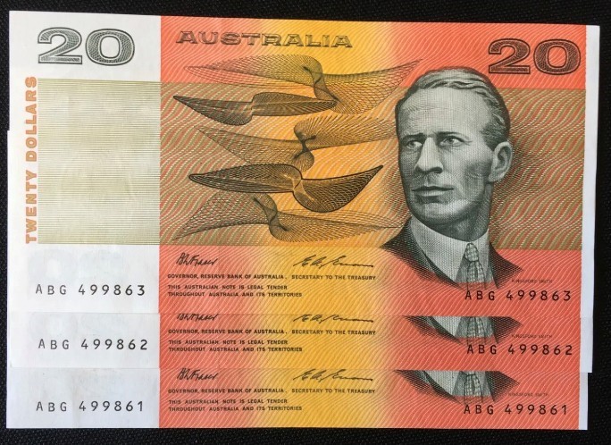 1993 $20 Fraser / Evans General Prefix - UNC - Set of 3 consecutives notes