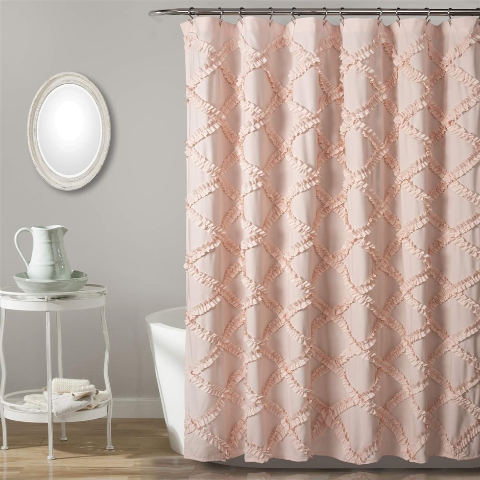 LUSH DECOR 72” Blush Ruffle Diamond Shower Curtain. RRP: $85.
