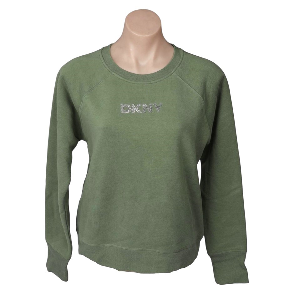DKNY SPORT Women's Sequin Logo Pullover, Size XL, 60% Cotton, Army Green.