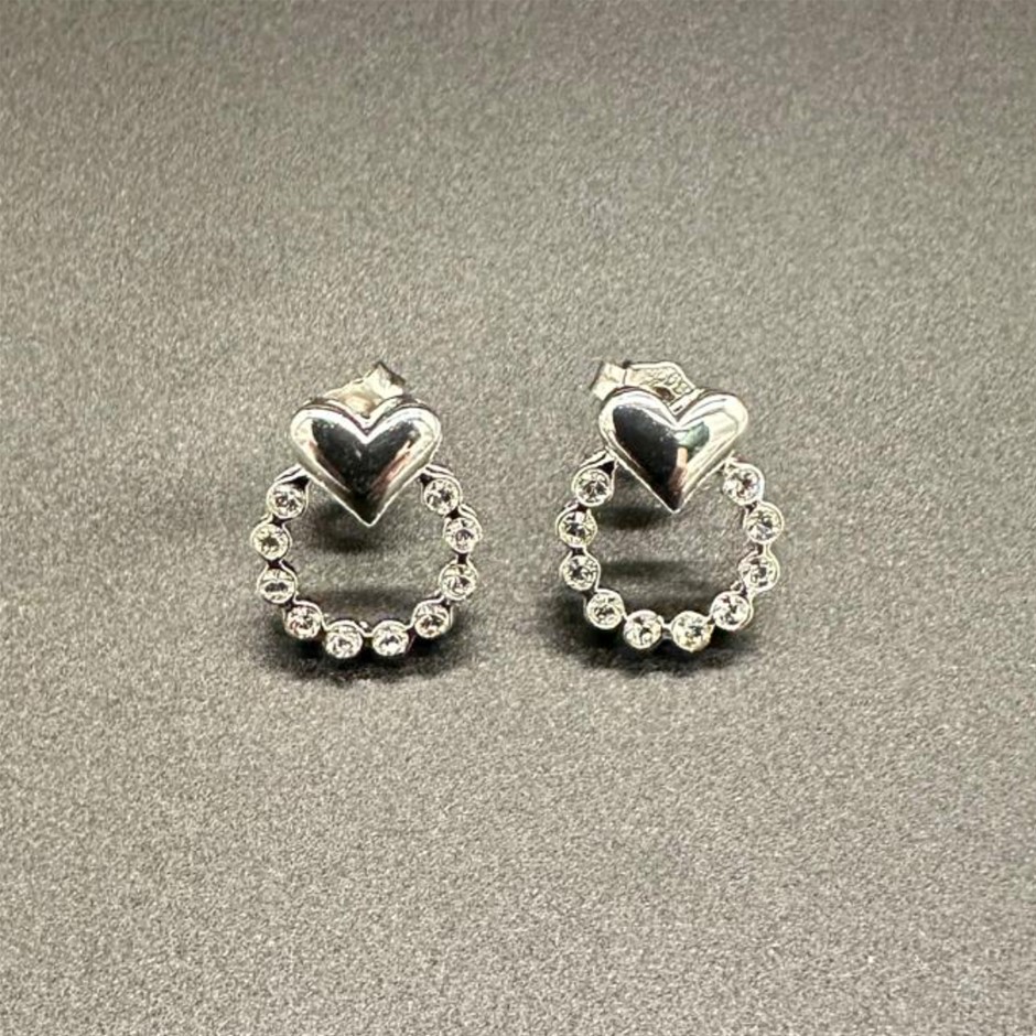 Designer Simulated Diamond Round Heart Earrings in Silver