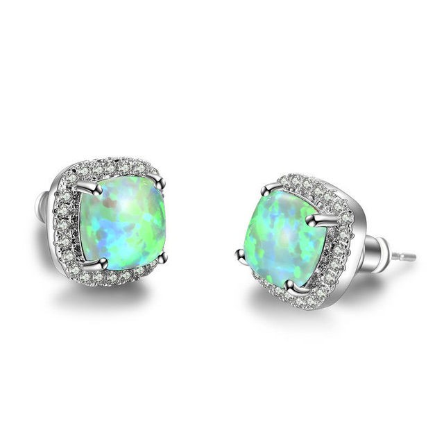 Stunning Square Simulated Green Opal Bridal Stud Earrings in Silver