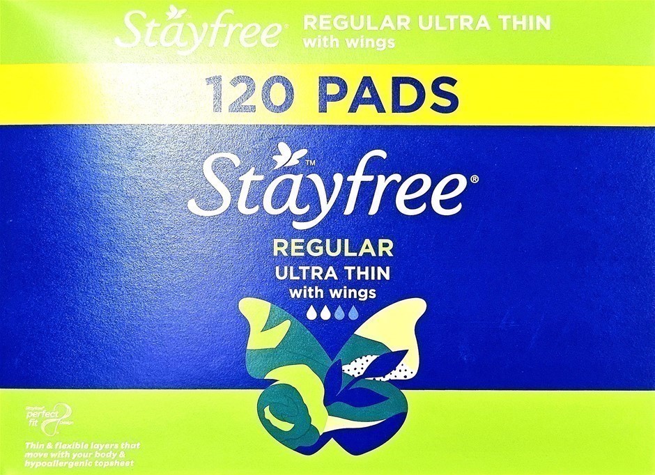STAYFREE Box of 120 Pads, Regular Ultra Thin w/ Wings. N.B: Damaged box & a