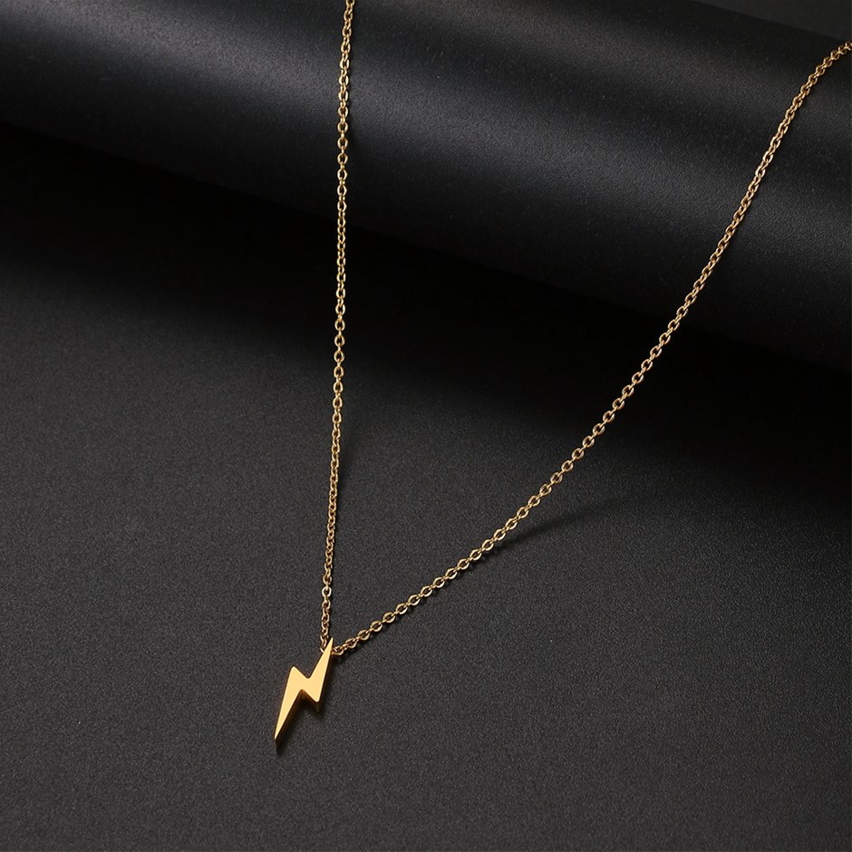 Stainless Steel Lightening Bolt Necklace in Gold