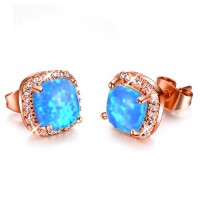 Stunning Square Simulated Blue Opal Bridal Stud Earrings in Silver