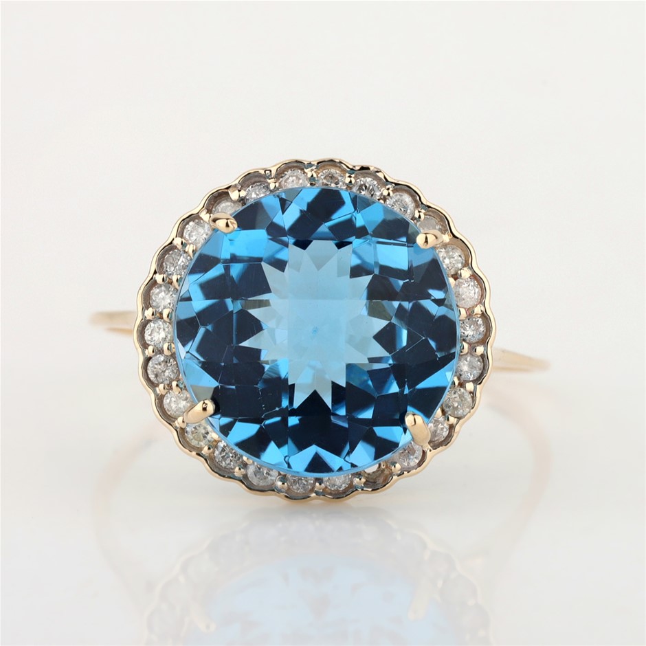 Yellow Gold Natural Swiss Blue Topaz & Diamond Ring with Valuation