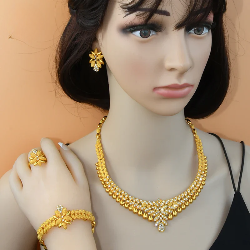 Gold Necklace Earrings Bracelet Ring Jewelry Set