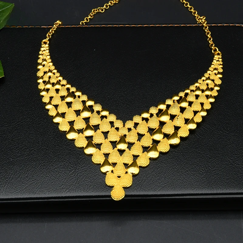 Women Wedding Necklace Earrings 24k Gold Jewelry Set