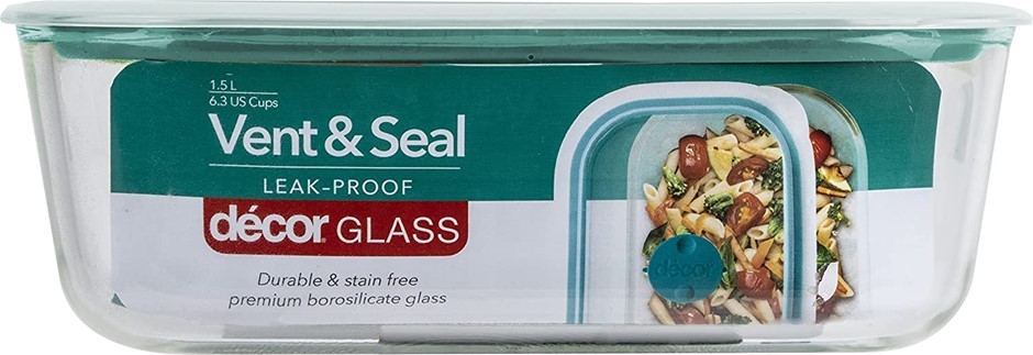 DECOR Vent & Seal Glass Oblong Food Container, 1.5L, Transparent, 205705-00