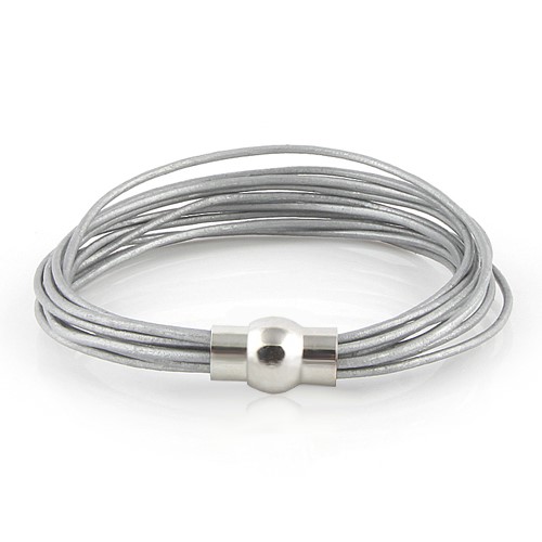 Silver Leather Bracelet with Stainless Steel Clasp