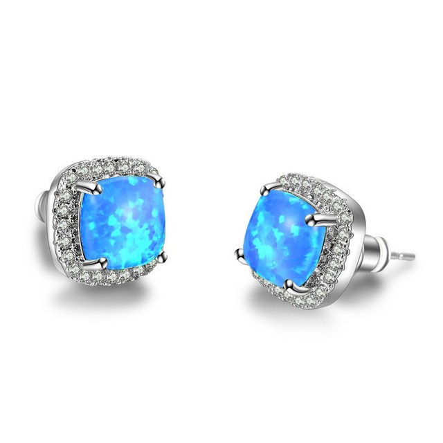 Stunning Square Simulated Blue Opal Bridal Stud Earrings in Silver