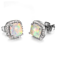 Stunning Square Simulated Opal Bridal Stud Earrings in Silver