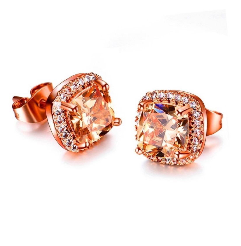 Stunning Square Simulated Diamond Bridal Stud Earrings - Champagne Rose