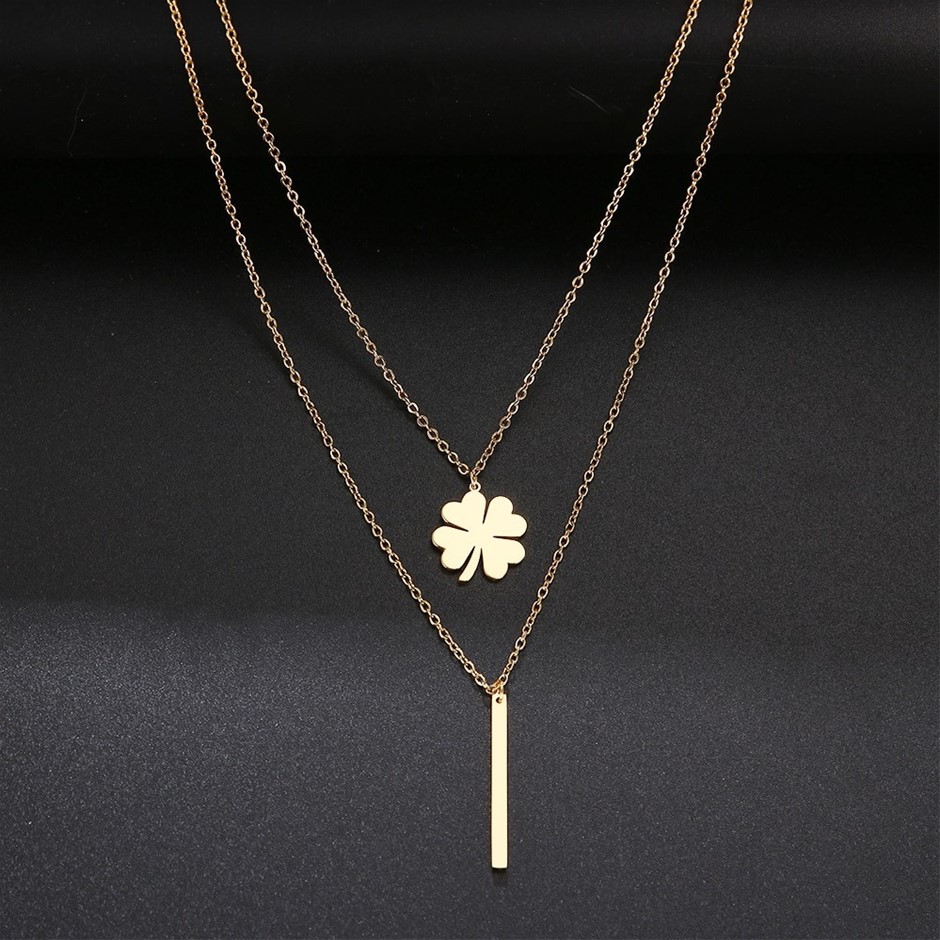 Stainless Steel Double Layer Choker "Clover" Necklace - Yellow