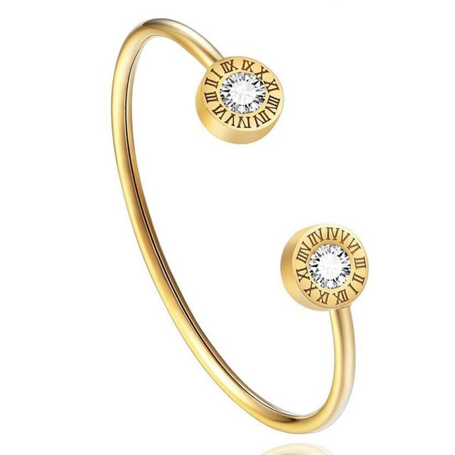 Elegant Stainless Steel Roman Numeral Open Bangle with Diamonds (Yellow)