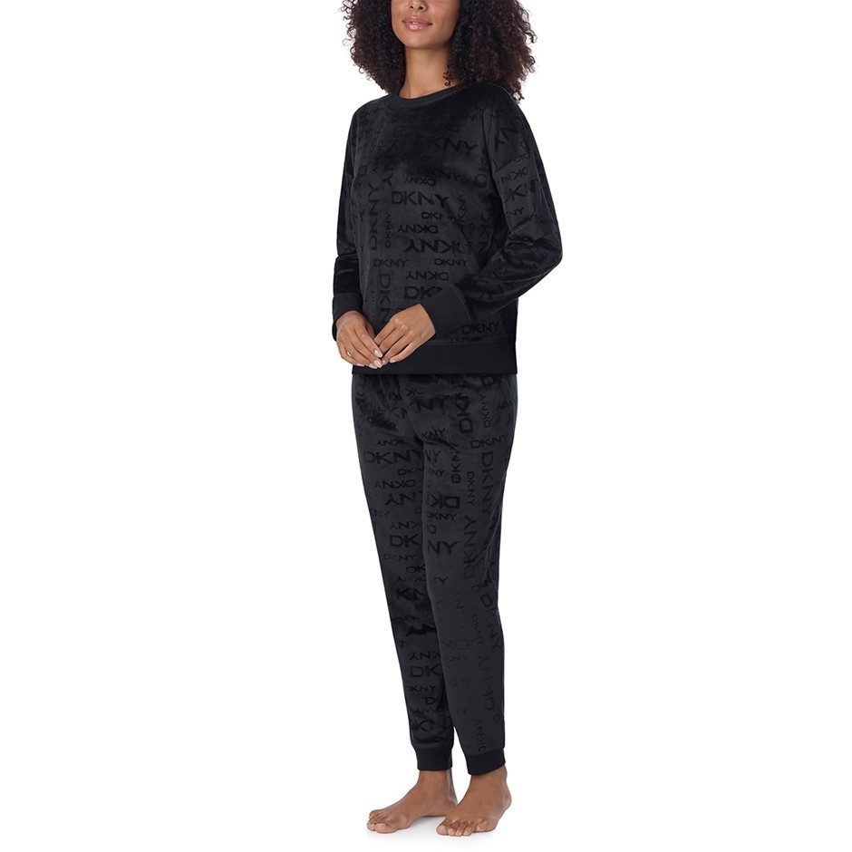 2pc DKNY Women's Stretch Velour Lounge Set, Size L, 95% Polyester, Black.