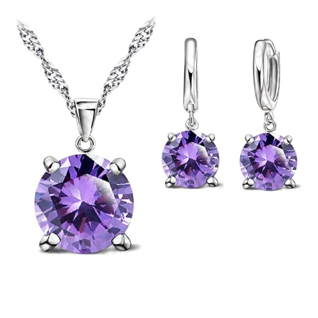 Purple Simulated Diamond Drop Earring & Necklace Set