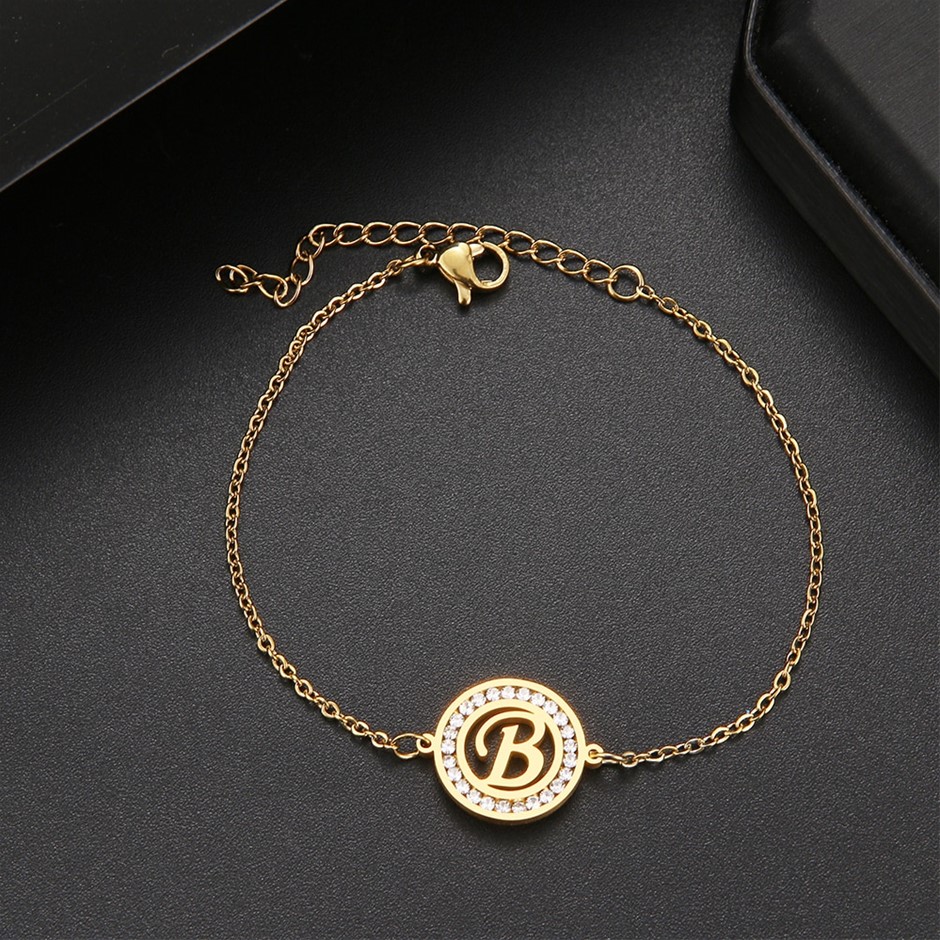 Stainless Steel Initial 'B' Bracelet with Simulated Diamonds - Yellow