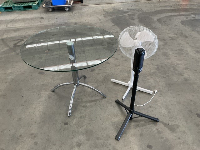 Glass Table, Portable Light and Fan