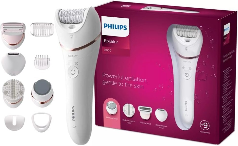 PHILIPS Series 8000 Wet & Dry Epilator for Legs, Body & Feet, White/Pink.