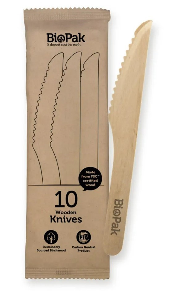 BIOPAK 16cm Wooden Knife In Paper Sleeves (32 Sleeves, 20 Pack).
