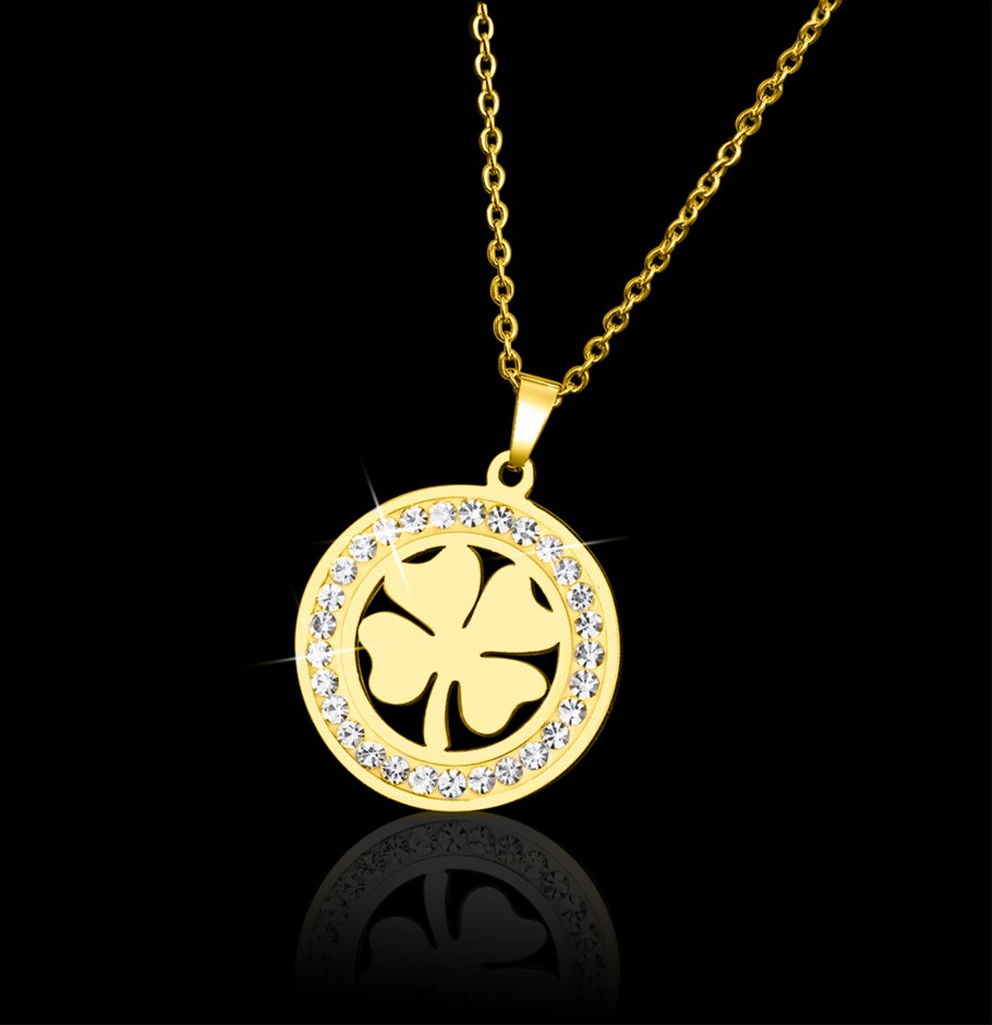 Stainless Steel Clover Necklace with Simulated Diamonds - Yellow
