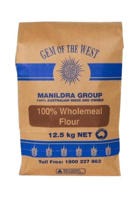 2 x GEM OF THE WEST Manildra 100% Wholewheat Flour, 12.5kg. N.B: Damaged pa